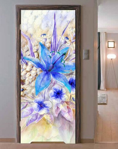 Naklejka na drzwi - Niebieskie kwiaty - 0097