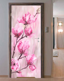 Naklejka na drzwi - Różowe kwiaty na różowym tle - 0092