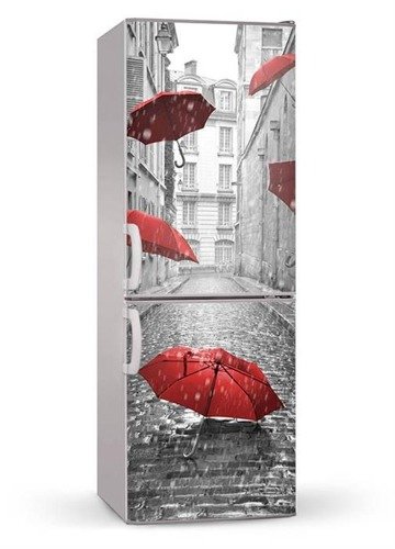 Naklejka lub mata magnetyczna na lodówkę - Czerwone parasolki w deszczu - 0020