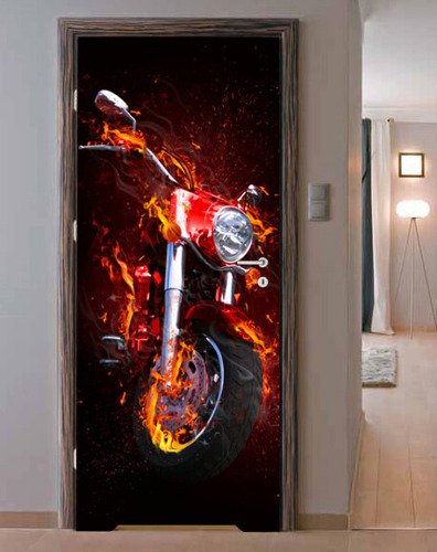 Naklejka na drzwi - Ognisty motocykl - 0052