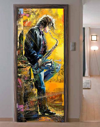 Naklejka na drzwi - Saksofonista gra - 0086
