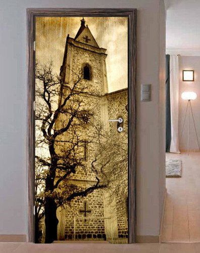 Naklejka na drzwi - Wieża kamiennego kościoła - 0087